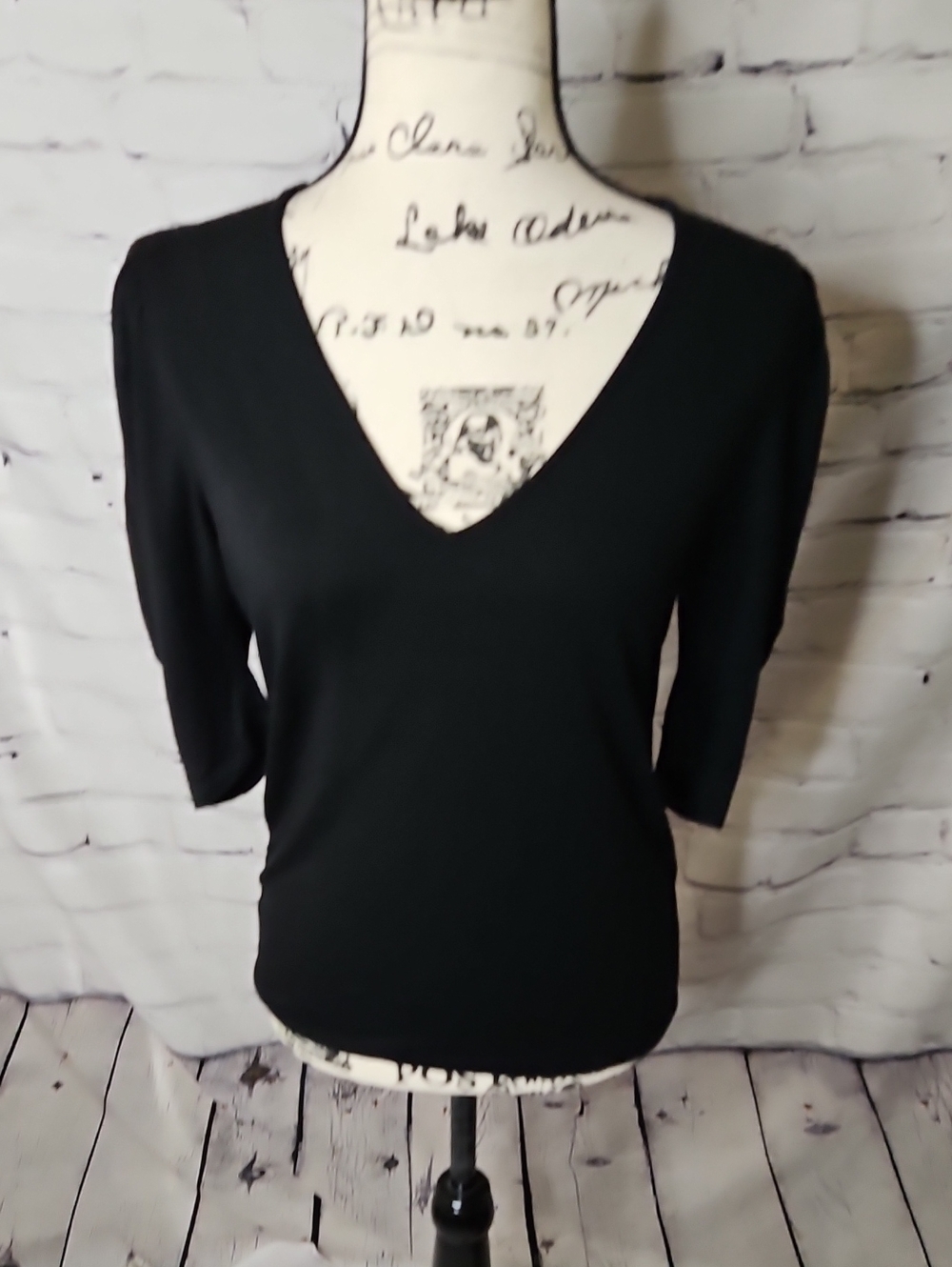 Frame Denim Black V-Neck Top Puffed Short Sleeve Top Size Small